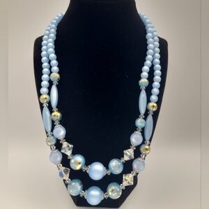 Vintage Blue Beaded Necklace | Double Strand Crystal Gold Fleck Statement